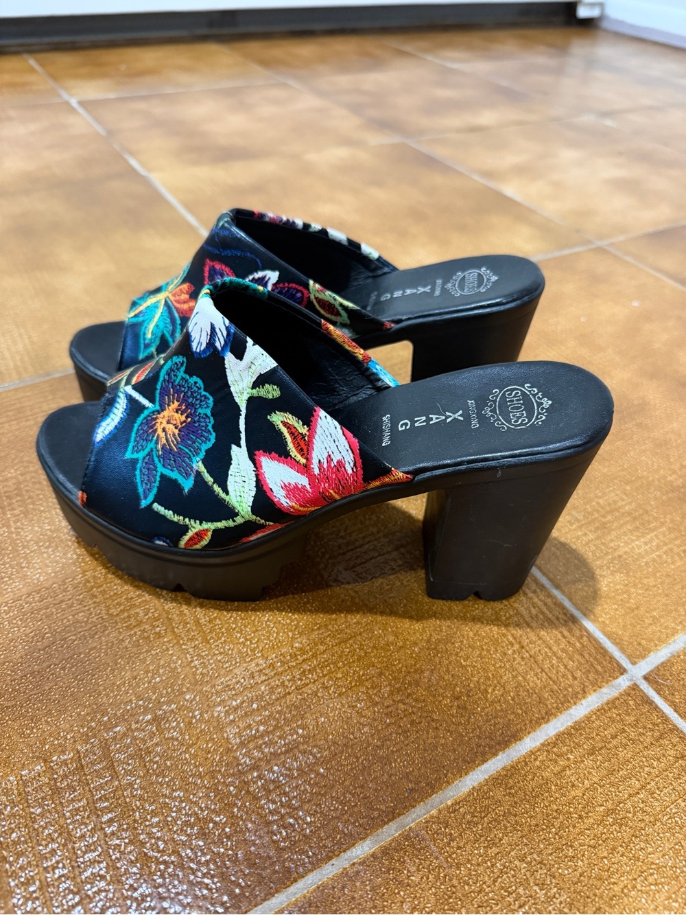 Black Floral Embroidered Platform Mules